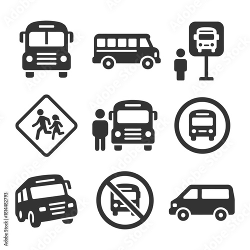 Bus icons collection: transportation, school, signage, van, no entry.