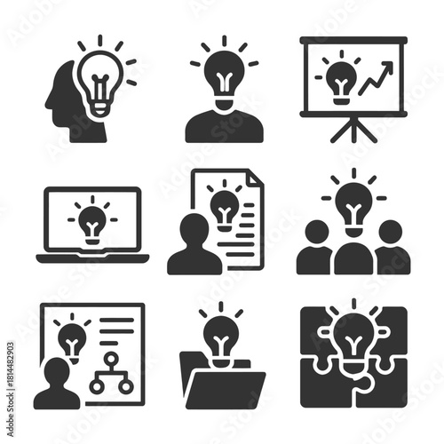 Icon set featuring light bulb concepts with people in business settings.