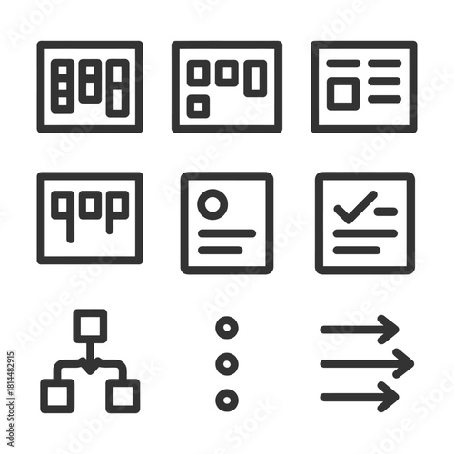 Simple blackboard icons: kanban, flowchart, checklist, layout, organized tasks.