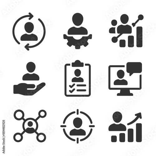 User management and analytics icons set for business and technology.