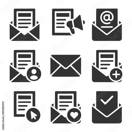 Collection of email and messaging icons in black and white silhouette style.