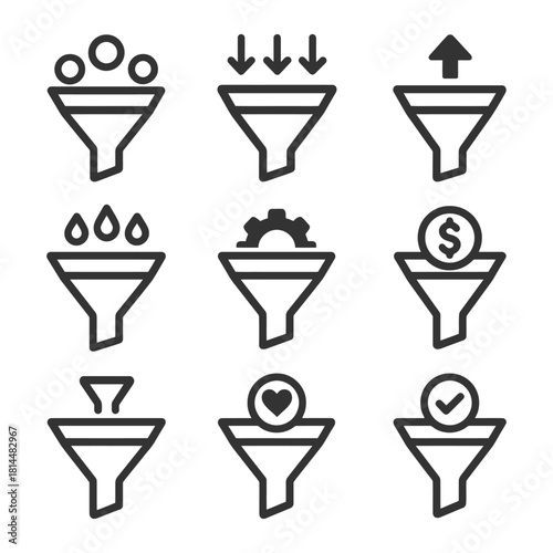 Set of nine funnel icons representing concepts like flow, success, and growth.