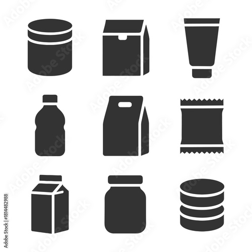 Set of black silhouette icons for various food and beverage packaging.