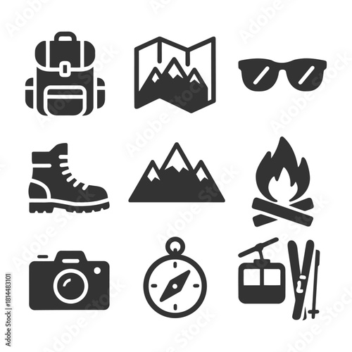 Outdoor adventure icons: backpack, map, sunglasses, hiking, mountains, camping, camera, compass, ski lift.
