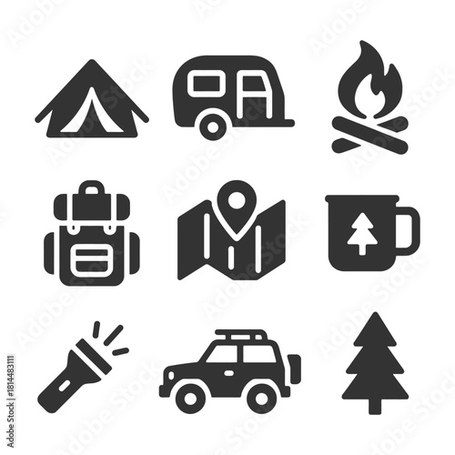 Camping essentials: tent, camper, campfire, backpack, map, mug, flashlight, car, tree icons.