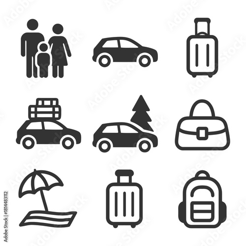 Family travel icons: cars, luggage, beach, and backpack symbols.