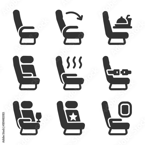 Airplane seat icons: recline, tray table, dining, wifi, seatbelt, window view.