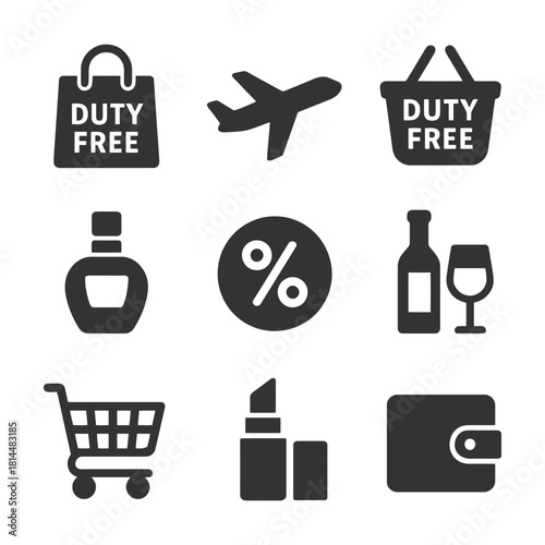 Duty free shopping icons set: airplane, shopping bag, percentage, wine, cart, lipstick, wallet.