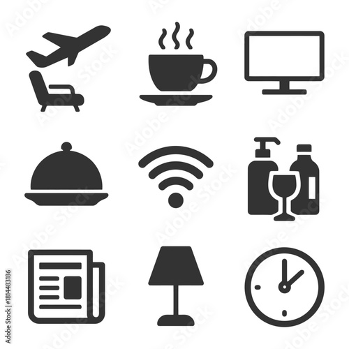 Set of nine black icons representing travel, coffee, technology, dining, and connectivity.