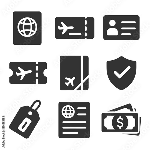 Travel essentials icons: passport, tickets, id, security, and currency symbols.