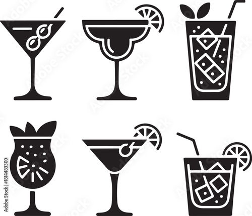 Minimalist Black Silhouette Cocktail Icons Grid – Vector Illustration