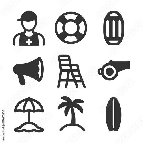 Lifeguard icons set with male figure, lifebuoy, megaphone, and surfboard.