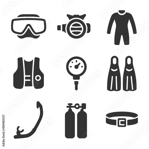 Scuba diving gear icons: mask, regulator, wetsuit, vest, gauge, fins, snorkel, tanks, belt.