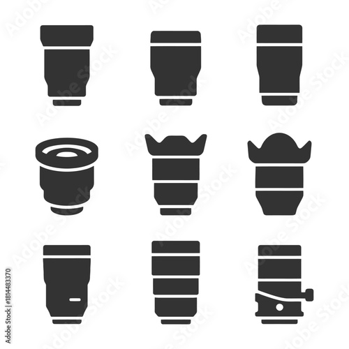 Set of nine camera lens silhouettes in various shapes and designs.