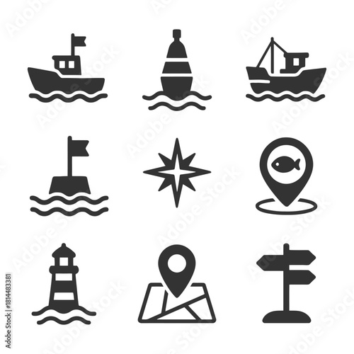 Marine icons: boats, buoys, lighthouses, compass, map markers, signpost.