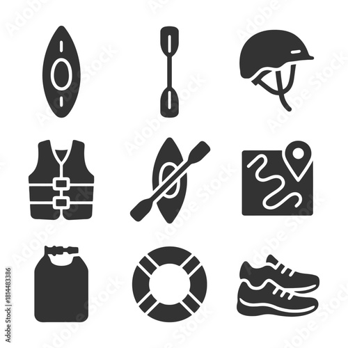 Kayaking adventure icons: paddle, helmet, life vest, and navigation symbols.