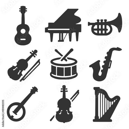 Set of nine musical instrument icons in black silhouette style.