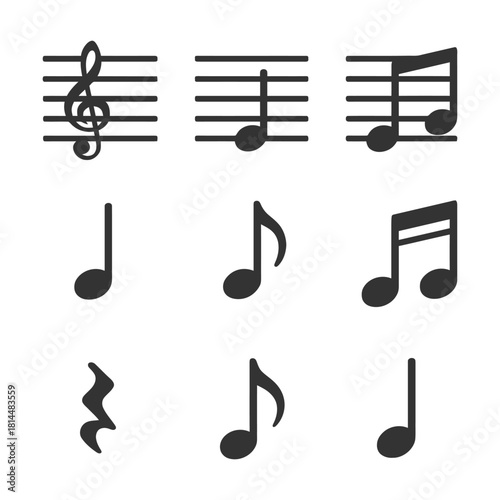 Musical notes and symbols icon set in black and white design.