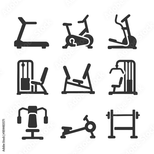Silhouette icons of gym equipment: treadmill, exercise bike, elliptical.