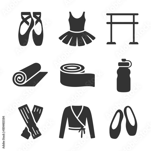 Ballet equipment icons: shoes, dress, barre, mat, water bottle, wrap.