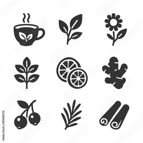 Herbal tea ingredients: leaves, flowers, citrus, ginger, cinnamon, berries.