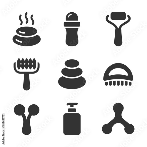 Collection of spa and wellness icons including hot stones and rollers.