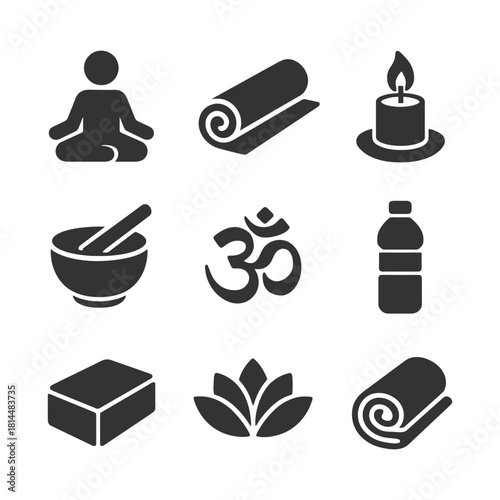 Yoga and meditation icon set: mat, candle, om symbol, water bottle, lotus.