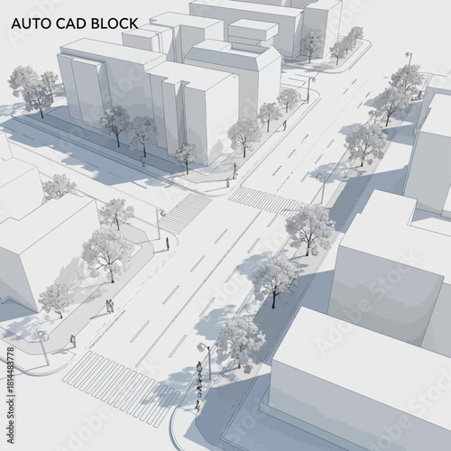 Urban intersection architectural drawing with buildings and trees