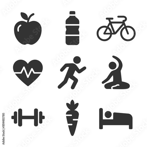 Healthy lifestyle icons: apple, water bottle, bicycle, heartbeat, running, yoga, dumbbell, carrot, sleep.