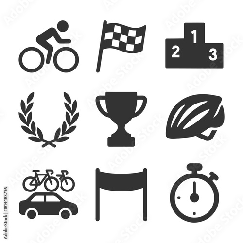Cycling race symbols: bicycle, trophy, helmet, podium, stopwatch, finish line.