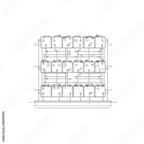Vertical Aquaponics System Diagram with Plants and Fish