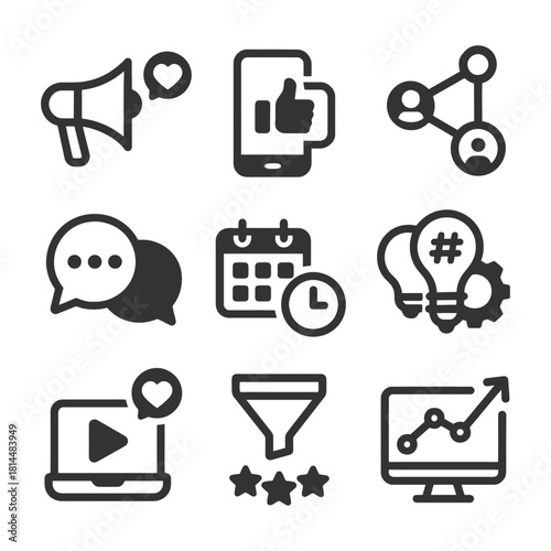 Digital marketing icons: social media, analytics, engagement, communication, strategy.