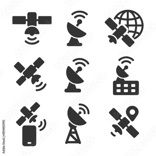 Satellite icons set: communication technology and global connectivity illustrations.
