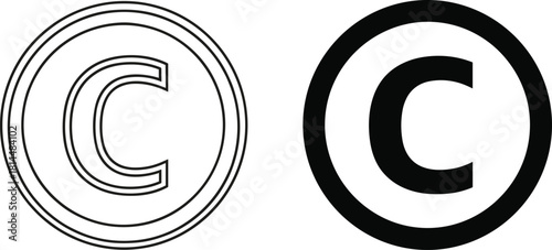 Copyright symbol icon set, bold and outline circular copyright signs for legal protection, intellectual property rights vector, minimal black and white illustration