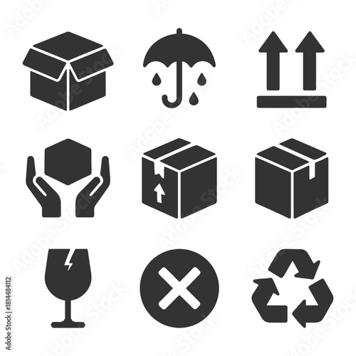 Shipping and safety icon set: box, umbrella, arrows, hands, fragile, recycle.