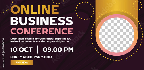 Elegant Online Business Conference Banner with Purple and Gold Accents