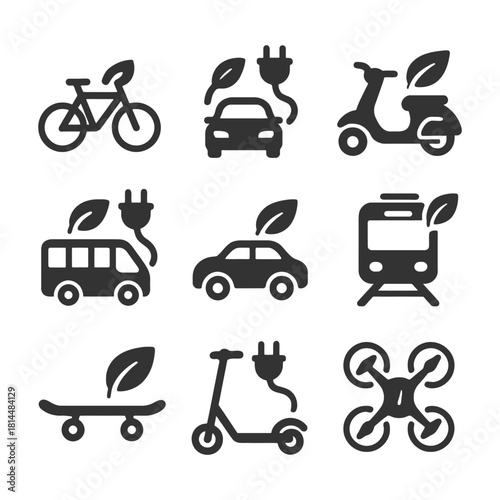Eco-friendly transport icons: bicycle, electric car, scooter, bus, train, skateboard, drone.