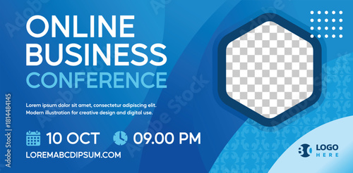 Online Business Conference Banner with Modern Blue Hexagon Layout