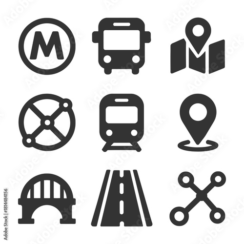 Public transport and navigation icons: bus, train, map, bridge, road, location.