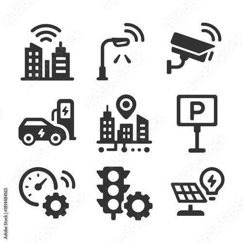 Smart city technology icons including surveillance, ev charging, and solar energy solutions.