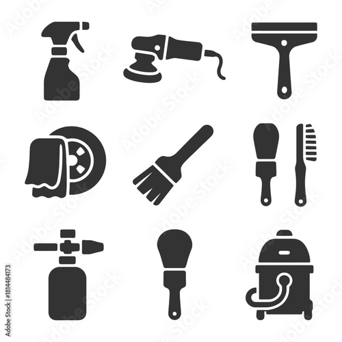 Car cleaning tools silhouette set: spray bottle, buffer, squeegee, towels, brushes, vacuum.