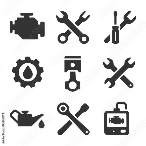Car maintenance icons: tools, engine, oil, gears, wrench, piston.