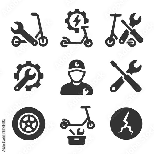 E-scooter maintenance and repair icons set with tools and gear symbols.