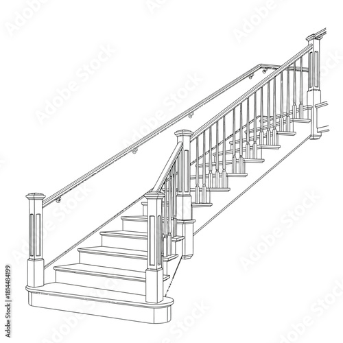 Wooden Staircase with Railing and Balusters Line Drawing