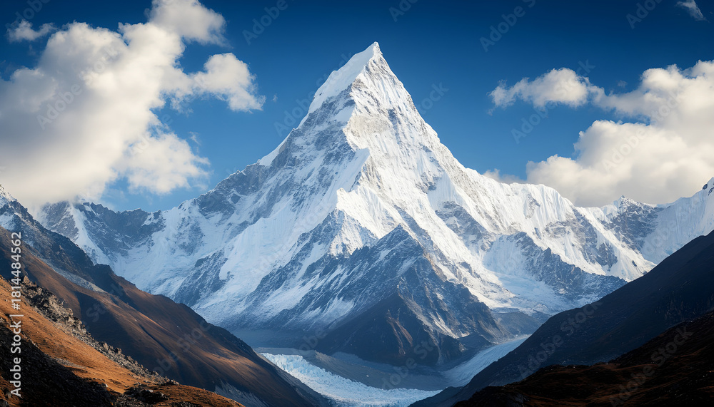 custom made wallpaper toronto digitalMajestic snow-capped mountain peak rises above rocky terrain and glacier valley under clear blue sky. White clouds drift over massive, rugged mountainside on a sunny day