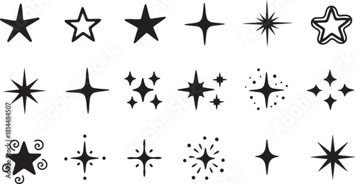 Collection of various black star and sparkle icons, vector illustration set
