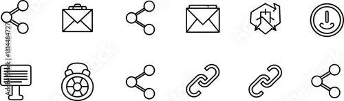 Social media share and link icons set, email message outline symbols, communication interface elements for web UI design, minimal modern vector illustration