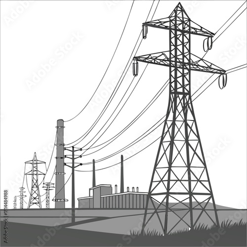 High voltage electricity pylons passing through forest trees, energy transmission infrastructure, black silhouette power lines in natural landscape scene eps10