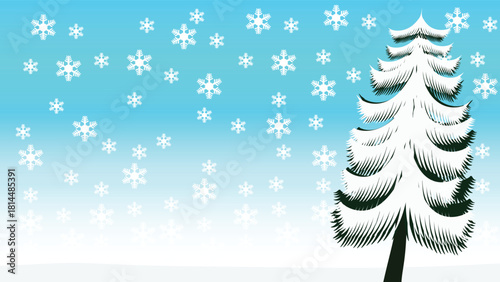 Winter landscape with snow covered trees, Christmas background illustration