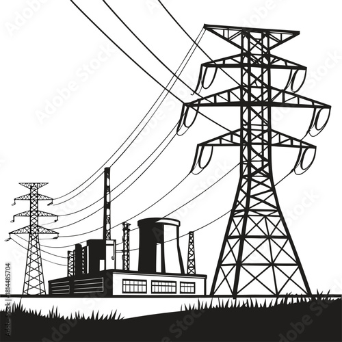 High voltage transmission towers, power lines over forest, electricity infrastructure, black and white vector, energy grid, utility landscape, electric pylons eps10